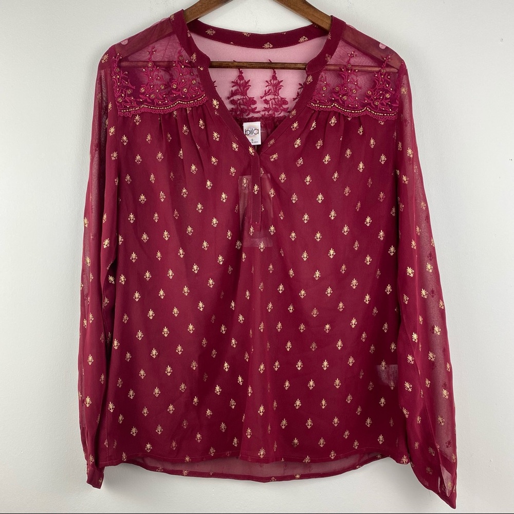 NWT Bila Sz Small Women’s Maroon Red Gold Beaded Sheer Long Sleeve V-neck Blouse